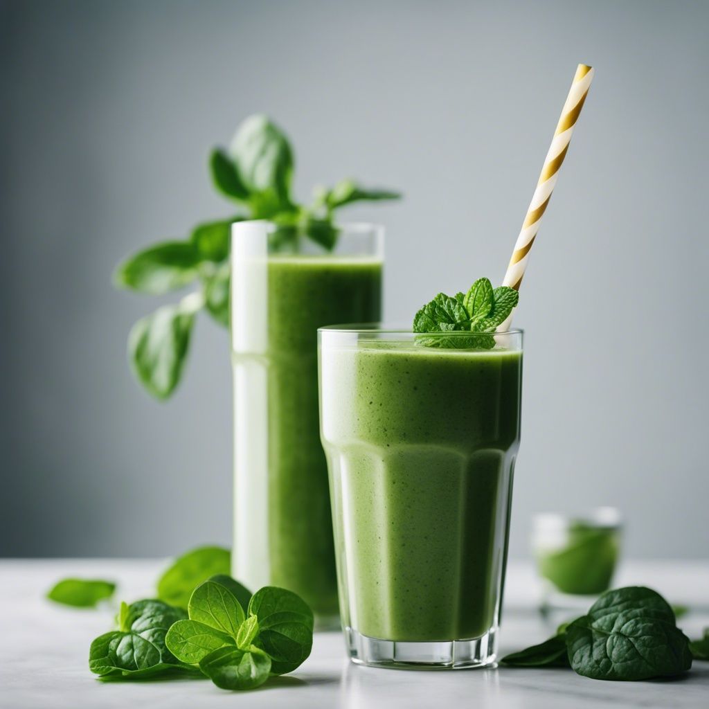 A refreshing glass of frozen spinach smoothie, garnished with fresh mint leaves and a striped straw, set against a soft-focus background of more greenery.