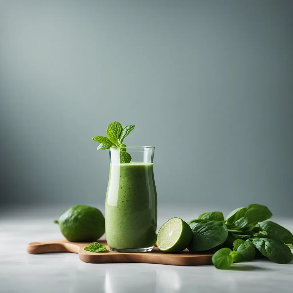 A tall glass of frozen spinach smoothie topped with a sprig of mint, placed on a wooden board next to slices of lime and fresh spinach leaves, with a neutral background.