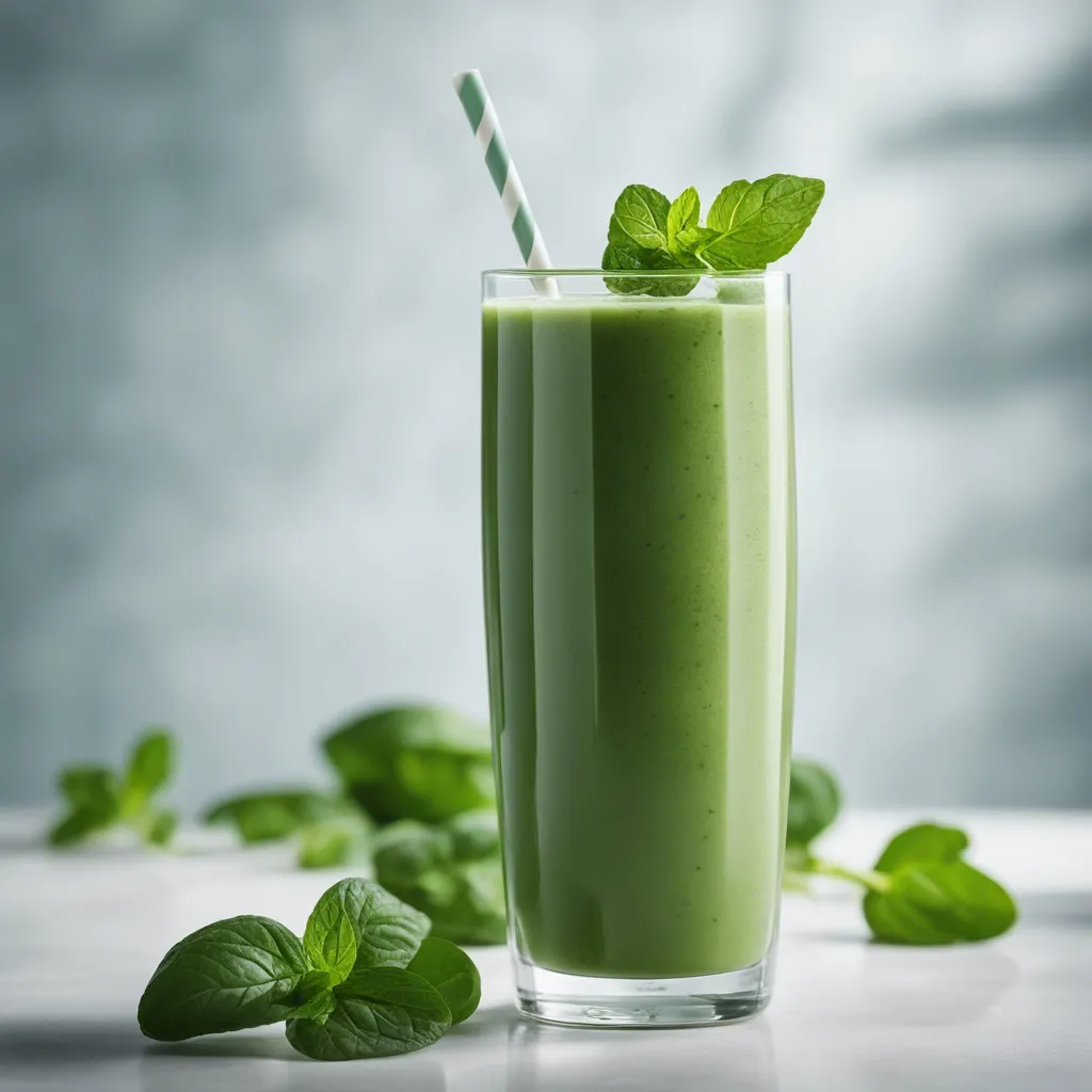 Frozen spinach smoothie served in a tall glass, accompanied by a straw and garnished with mint leaves, surrounded by scattered spinach leaves on a marble surface.