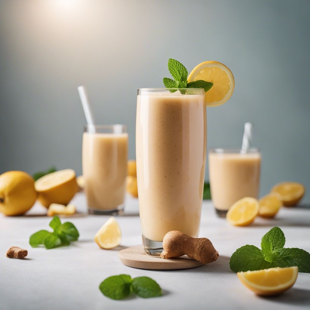 Tall glass of ginger smoothie garnished with a lemon slice and mint, accompanied by whole and sliced lemons, ginger, and mint leaves on a light surface.