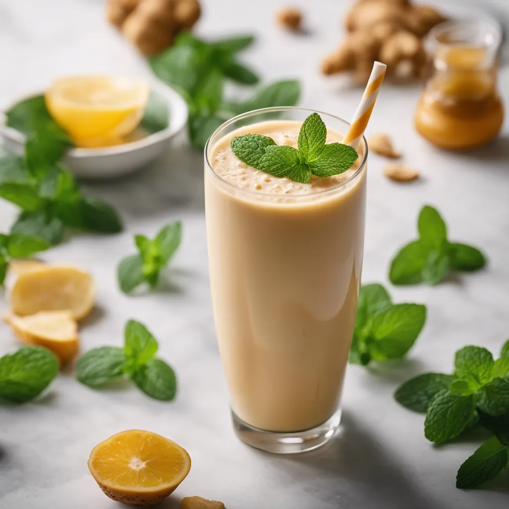 Ginger smoothie in a glass with a striped straw, surrounded by mint leaves, lemon halves, ginger pieces, and a honey jar on a marble surface.