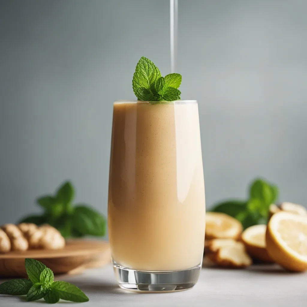 Ginger smoothie poured into a glass, garnished with mint, with ginger roots and lemon slices on a wooden plate in the background on a light gray surface.