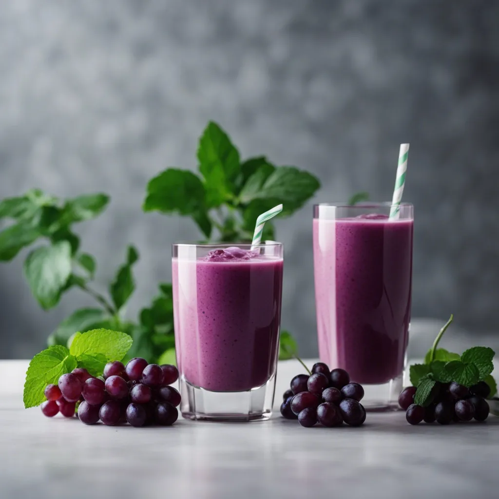 Two glasses of Grape Smoothies, both glasses have green and white straws and there are bunches of grapes surrounding the glasses as well as mint leaves and a plant in the background of the photo