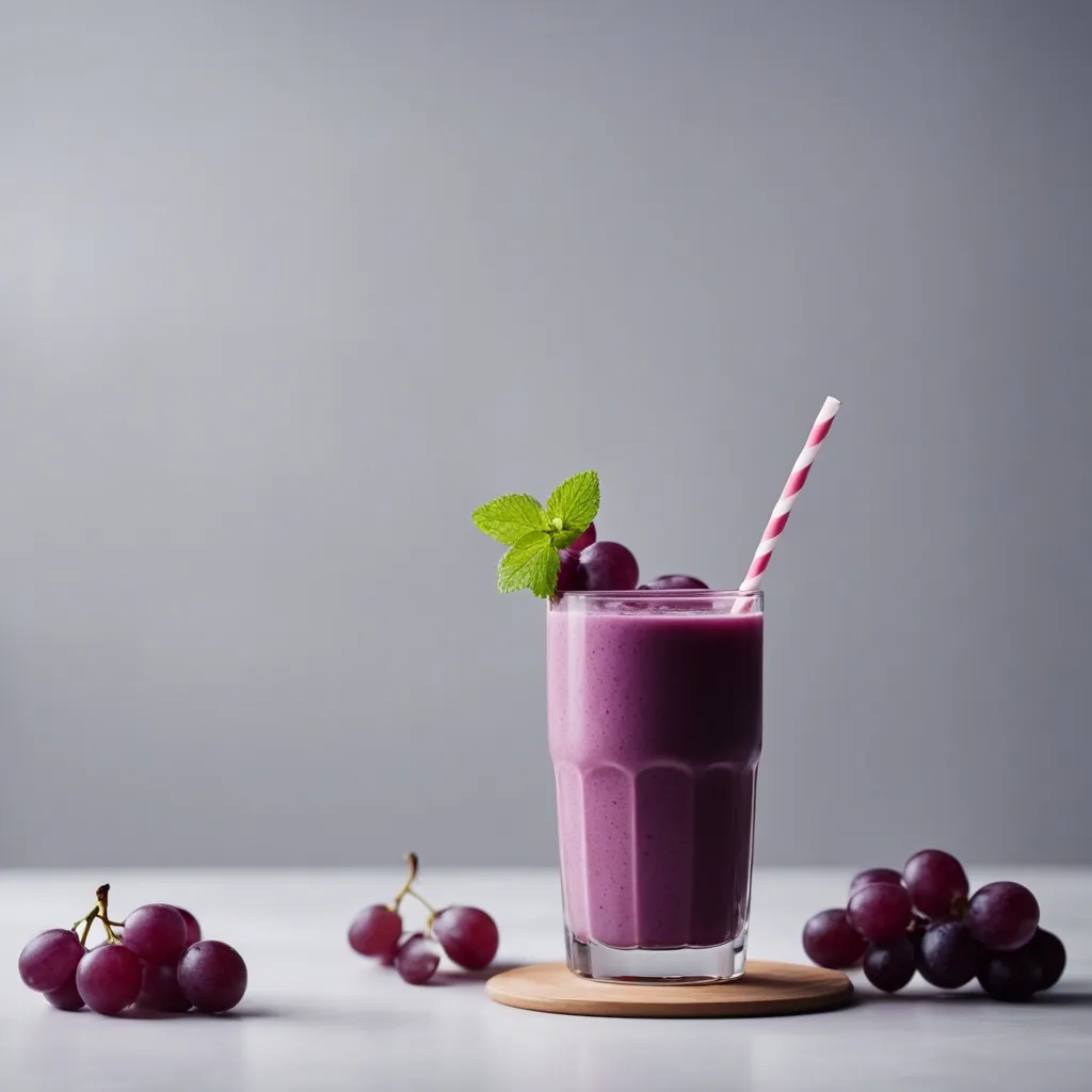 A glass of Grape Smoothie with a red and white straw and garnished with mint leaves and grapes. The glass sits on a simple, empty kitchen counter and there are grapes scattered around the smoothie.