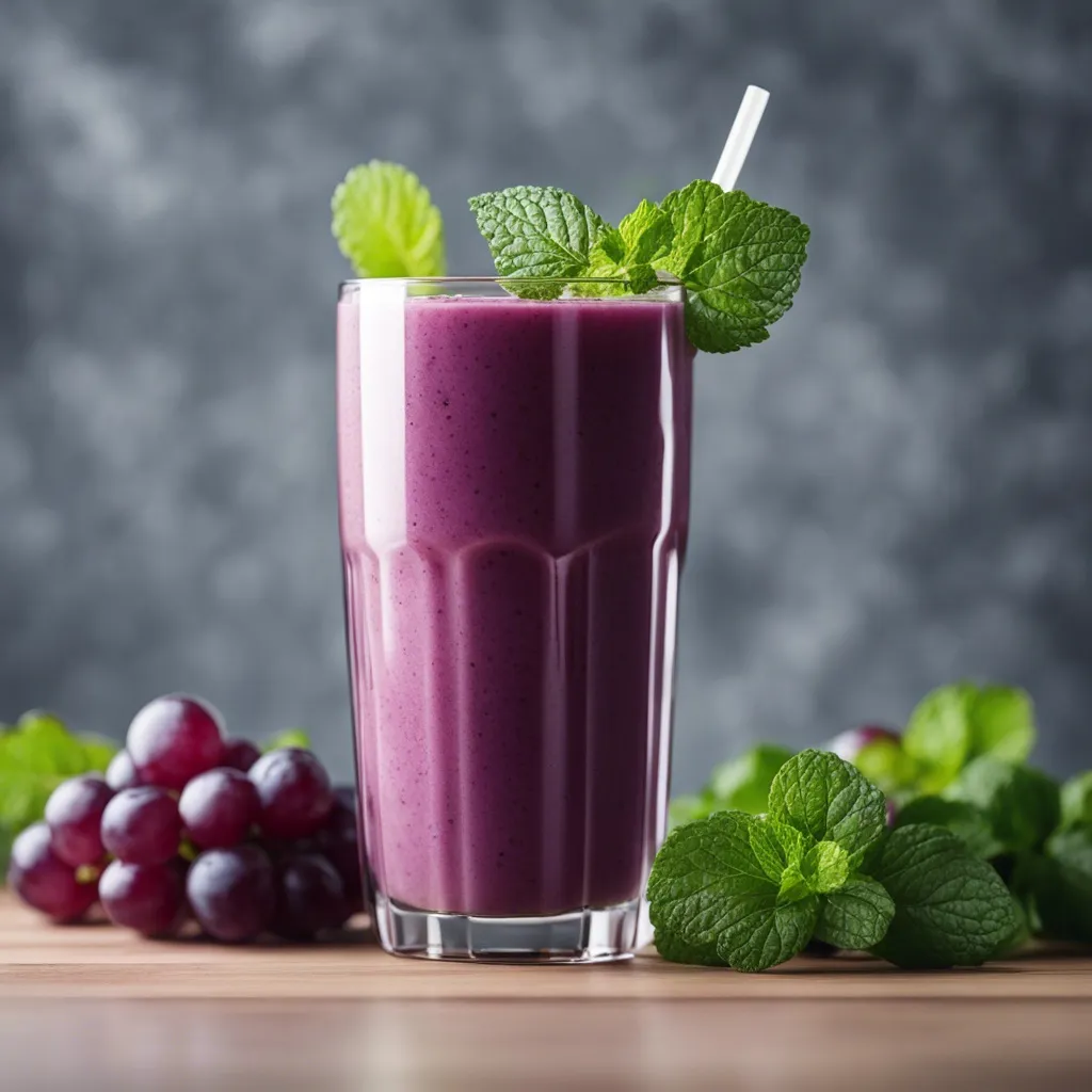 A close-up photo of a glass of Grape Smoothie with large mint leaves. There are serveral mint leaves and a bunch of grapes beside the smoothie on the counter.