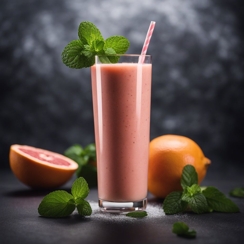 A side view of a Grapefruit Smoothie garnsihed with beautiful, vibrant mint leaves with grapefruits in the background of the photo.