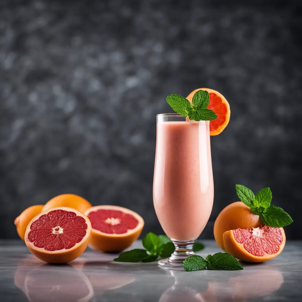 A delicious Grapefruit Smoothie garnished with a grapefruit slice and mint with sliced and whole grapefruits in the background and foreground.