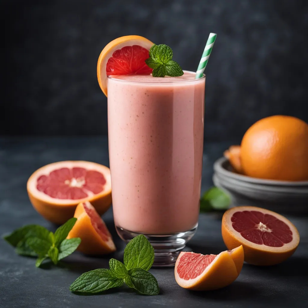 A Grapefruit Smoothie garnished with a grapefruit slice and mint with a green and white straw and more grapefruit slices and mint scattered around the glass.