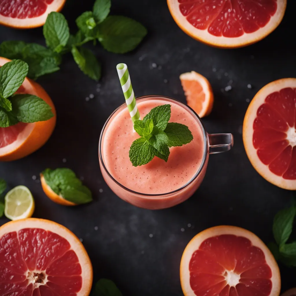 An overhead view of a beautiful Grapefruit Smoothie garnishedd mint with a green with grapefruit slices placed around the glass.