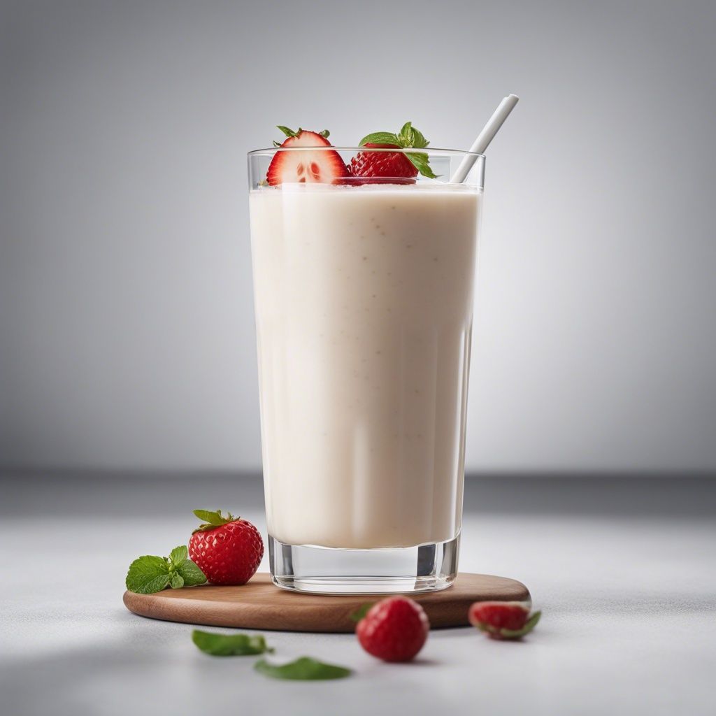 A creamy Greek yogurt protein smoothie in a clear glass, garnished with a strawberry and mint, on a wooden coaster with scattered strawberries and mint leaves around.