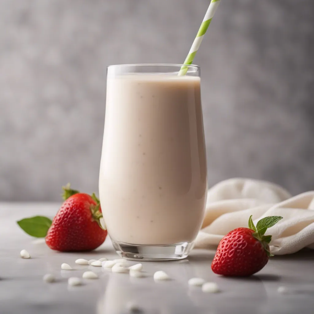 A refreshing Greek yogurt protein smoothie in a clear glass with a green striped straw, surrounded by whole strawberries and white chocolate chips on a grey surface.