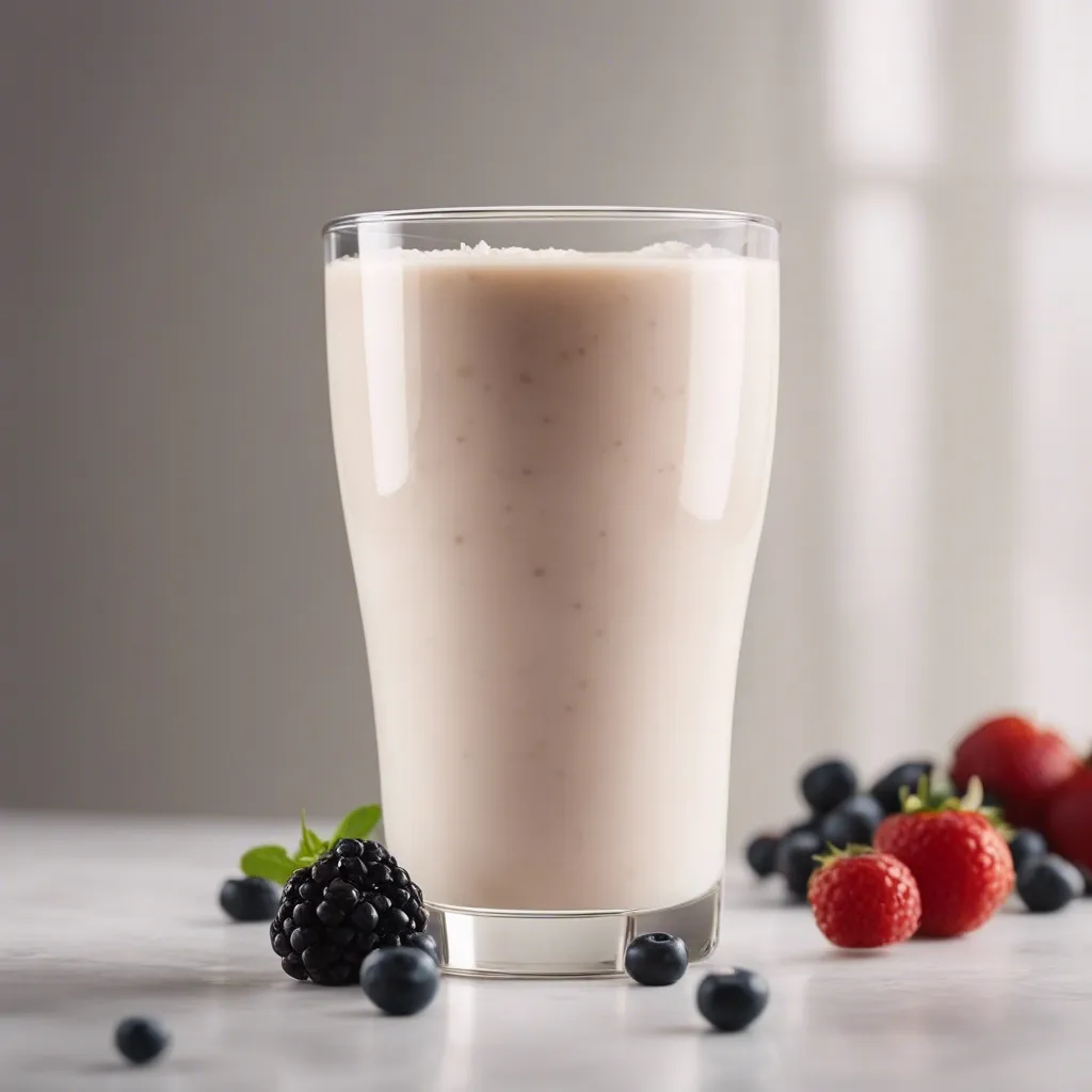 A delicious Greek yogurt protein smoothie in a clear glass, surrounded by fresh blueberries, blackberries, strawberries, and mint leaves on a white surface.