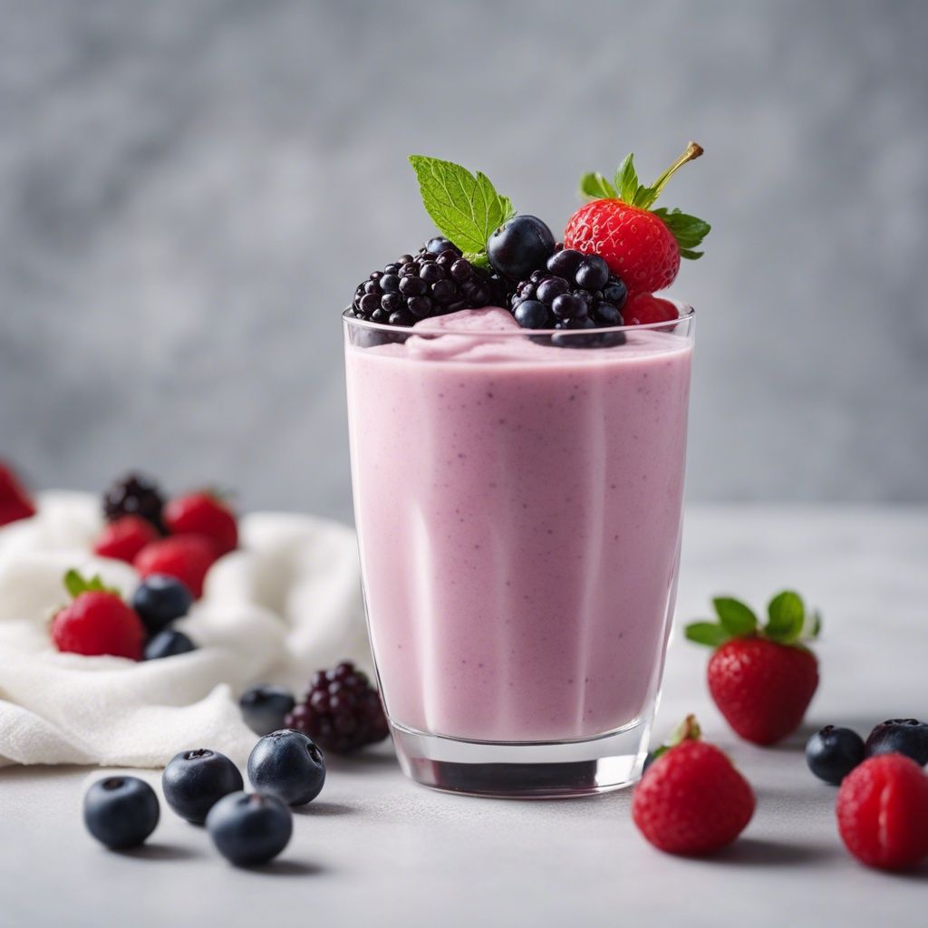 A glass of Greek Yogurt Smoothie topped with beautiful, fresh berries.