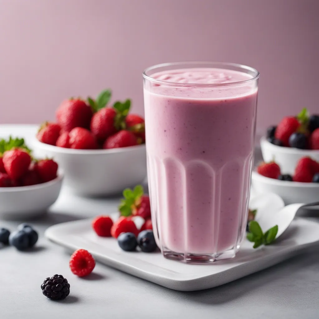 A tall glass of Greek yogurt smoothie surrounded by a bowl of strawberries and other berries scattered around the glass.