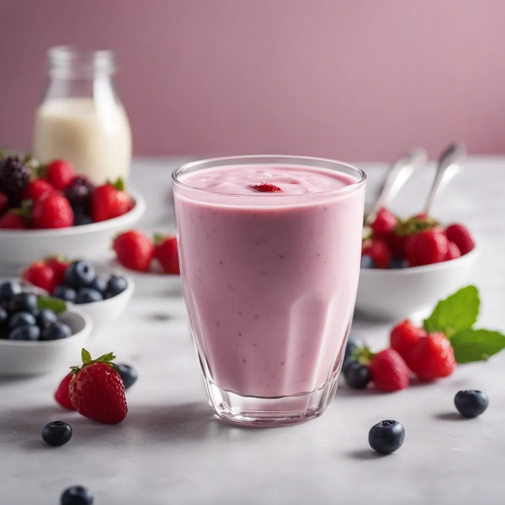 A short glass of Greek yogurt smoothie with bowls of fresh berries in the background and a jug of heavy cream.