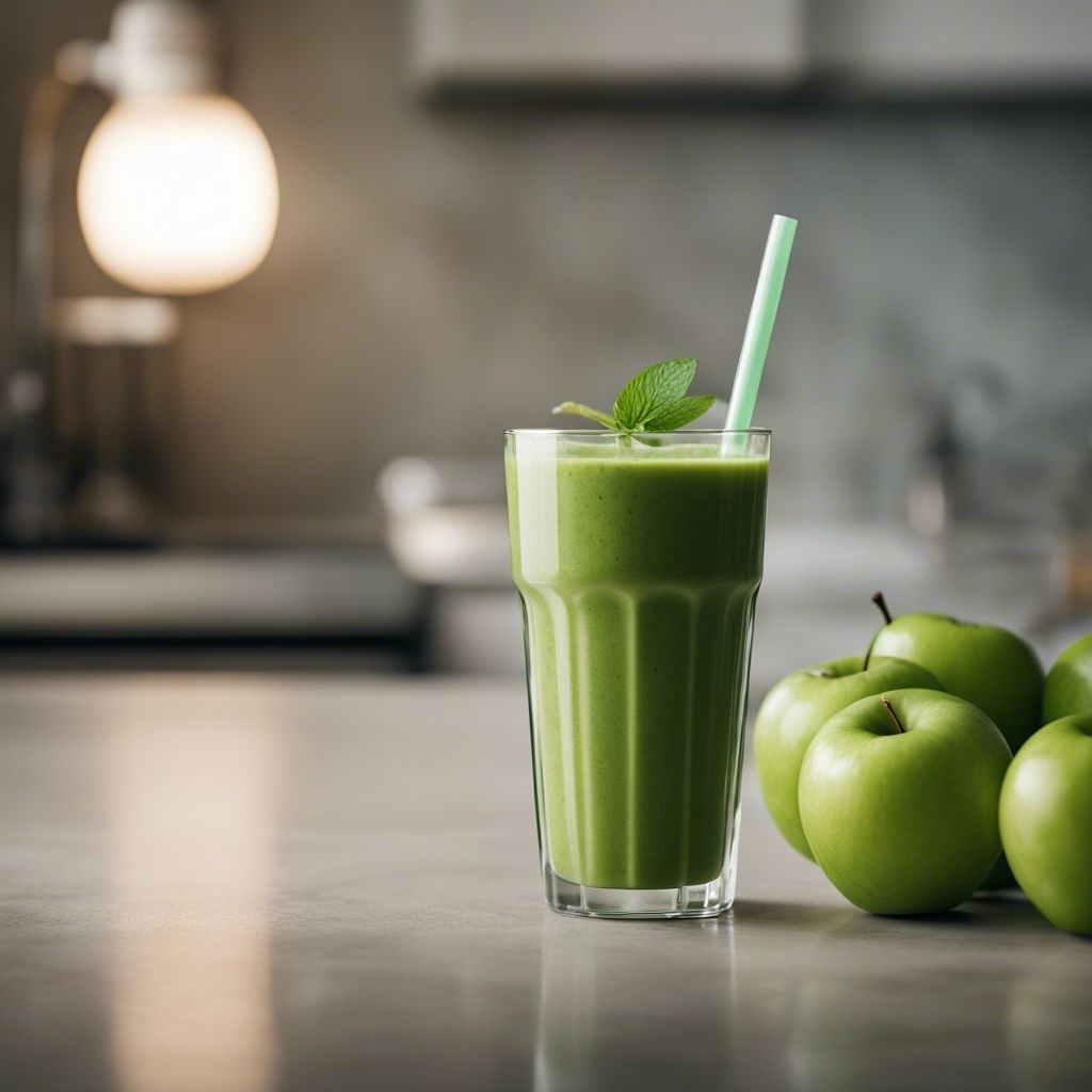 A fresh green apple smoothie in a tall glass with a light green straw, topped with a mint leaf, next to whole green apples, set against a kitchen counter backdrop with warm lighting.
