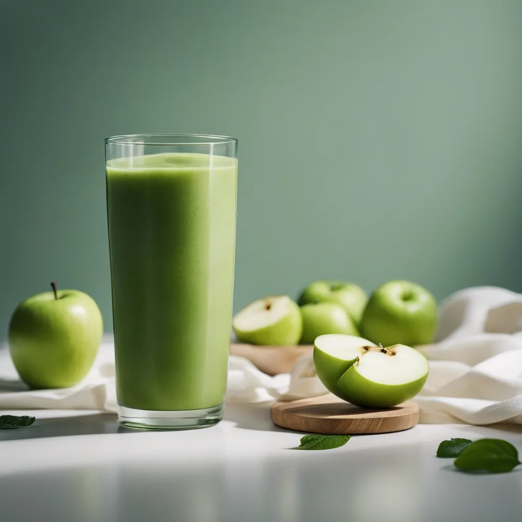 A tall glass of green apple smoothie on a white surface with green apples and mint leaves in the background, giving a crisp and clean presentation.