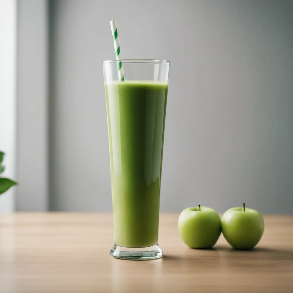 A refreshing green apple smoothie in a tall glass with a striped straw, placed on a wooden table beside two whole green apples, providing a natural and wholesome look.