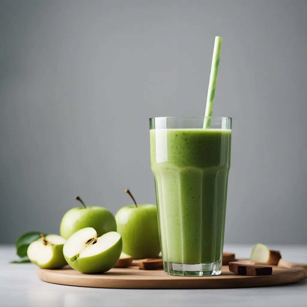 A creamy green apple smoothie served in a glass on a wooden board, accompanied by sliced and whole green apples, conveying a farm-to-table freshness.