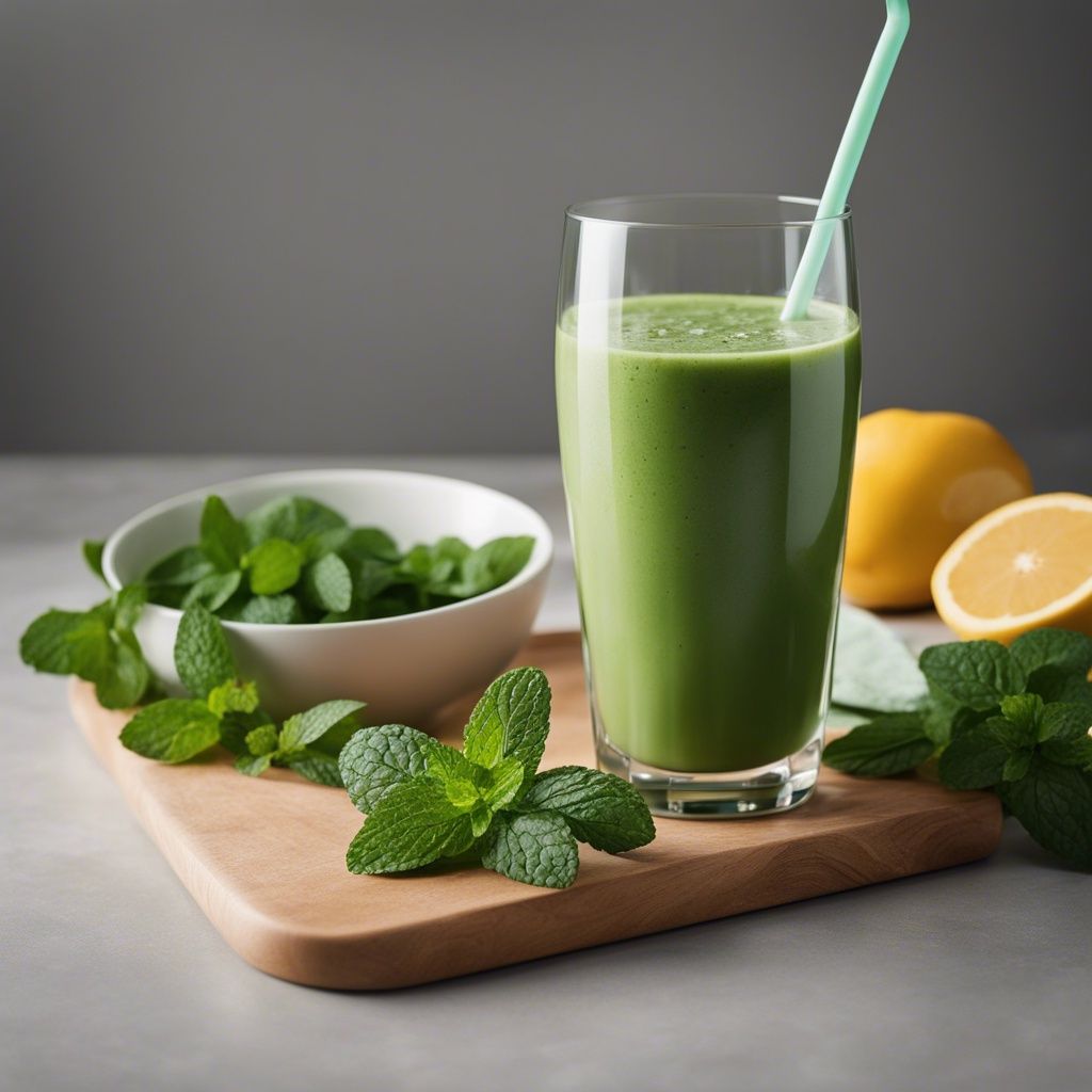 A refreshing green mint smoothie in a tall glass with a straw, placed on a wooden board with a bowl of fresh mint leaves and lemon halves in the background