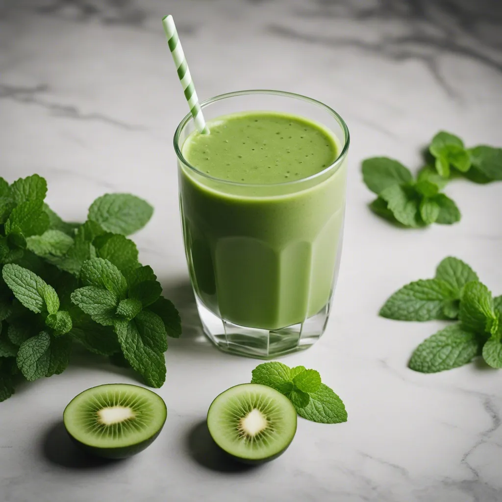 A nourishing green mint smoothie in a clear glass, with a striped straw, flanked by sliced kiwi halves and a bunch of mint leaves on a marble countertop