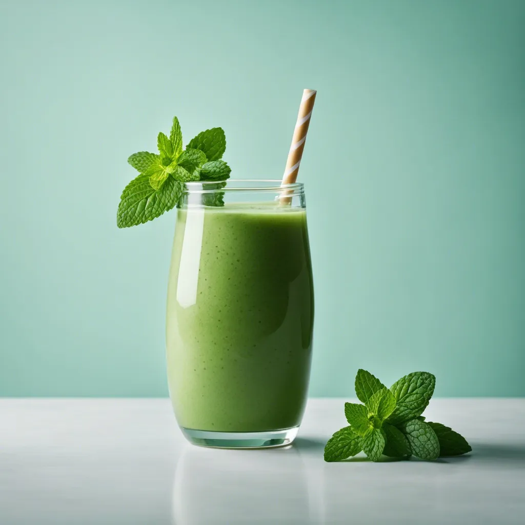 A vibrant green mint smoothie in a glass jar with a striped straw, decorated with a sprig of mint, on a white surface against a teal backdrop