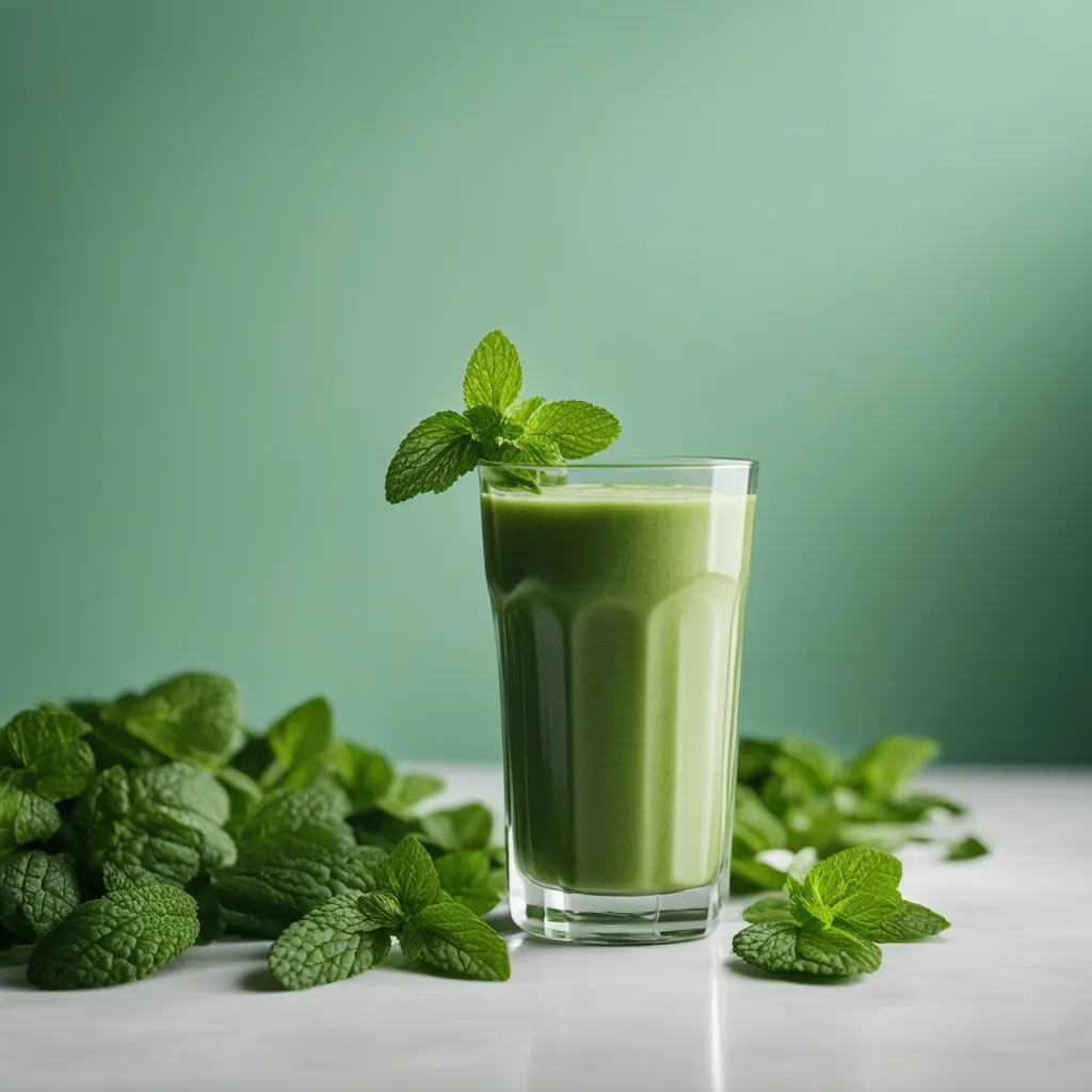 A glass of thick green mint smoothie garnished with a mint leaf, surrounded by a lush spread of mint leaves against a green background