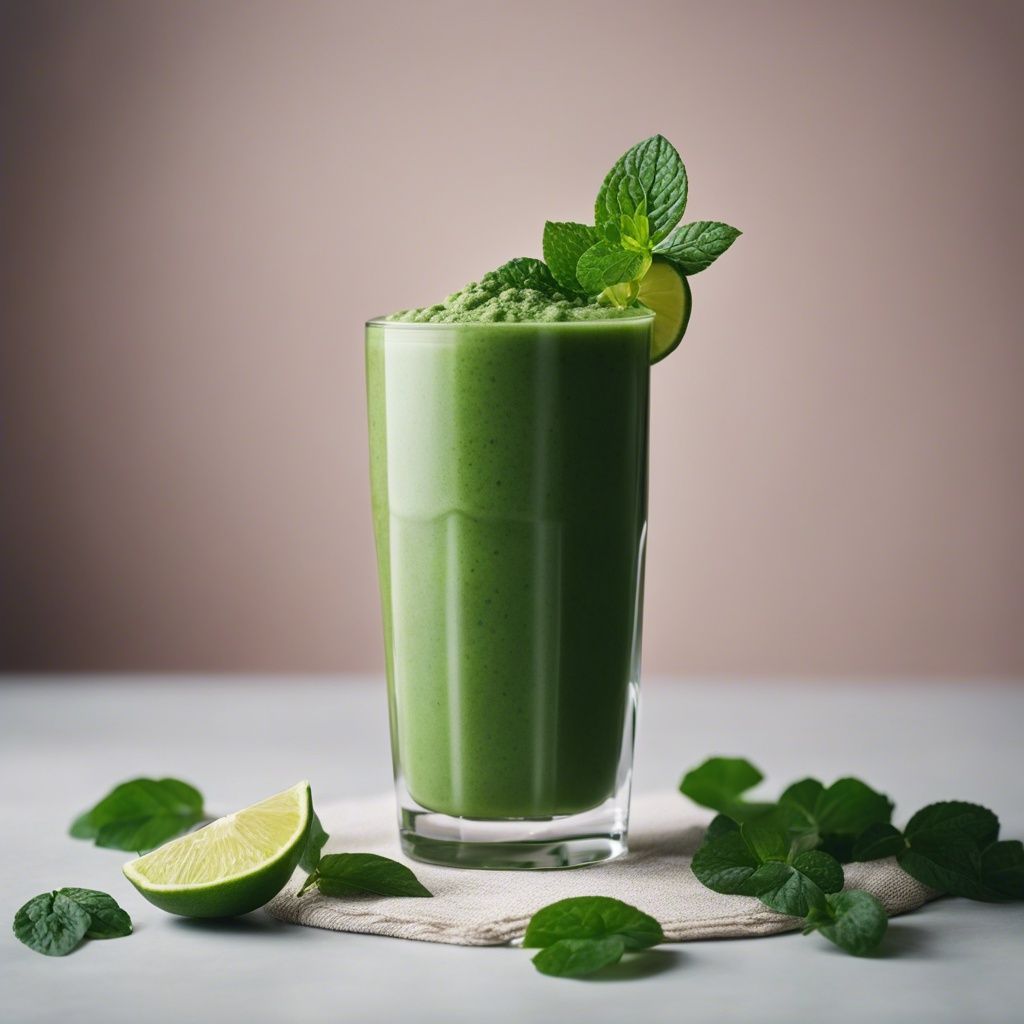A frothy green powder smoothie topped with a sprinkle of green powder and a mint leaf, accompanied by a lime wedge, on a rustic cloth with fresh mint leaves around