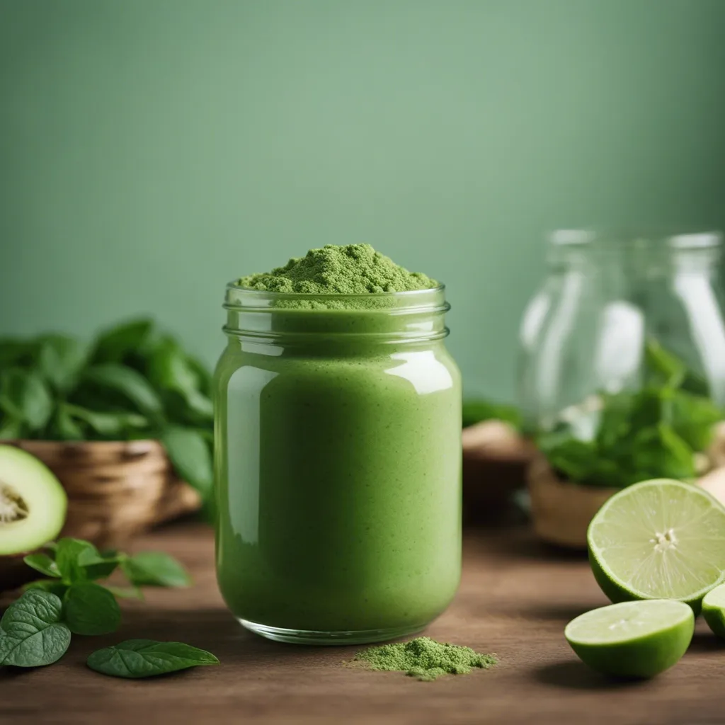 A mason jar filled with a green powder smoothie, topped with an ample amount of green powder, with lime halves and fresh mint in the foreground on a wooden surface