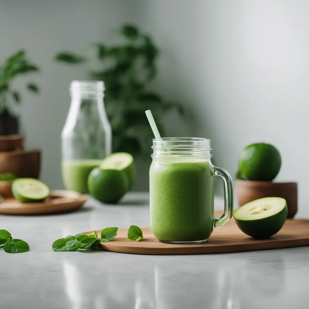 A green powder smoothie in a mason jar with a handle, a straw inserted, placed on a wooden board with cut lime and fresh mint leaves, with a backdrop of soft greenery