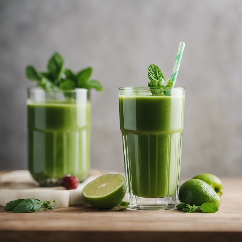 Green protein smoothie in a glass with a straw, flanked by lime halves and fresh mint, set on a wooden board with a textured backdrop.