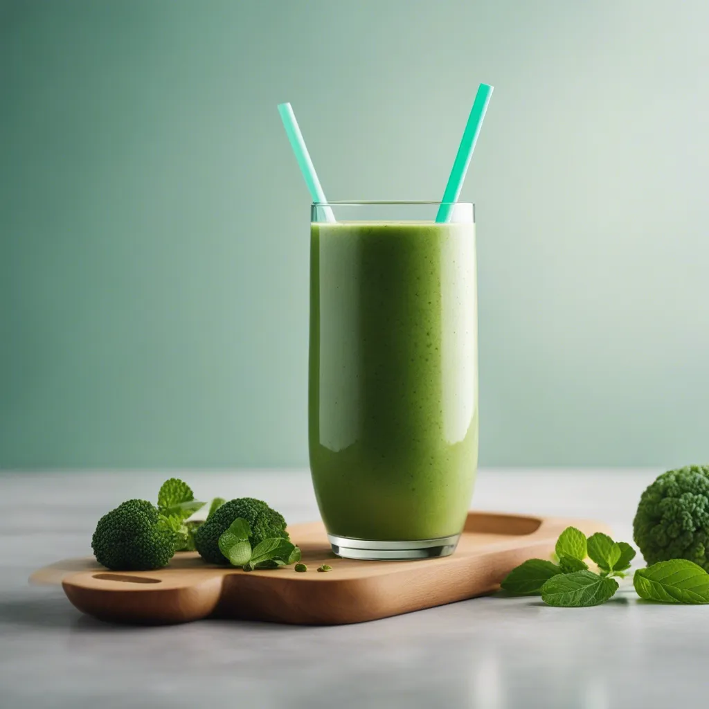 Green protein smoothie served in a tall glass with two straws, surrounded by fresh broccoli and mint leaves on a wooden plate against a soft green background.