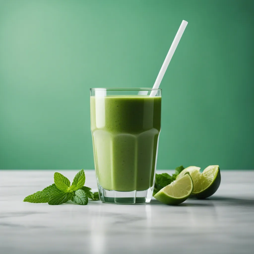 A glass of green protein smoothie with a white straw, garnished with a mint leaf, with fresh lime halves and mint leaves on a marble counter.