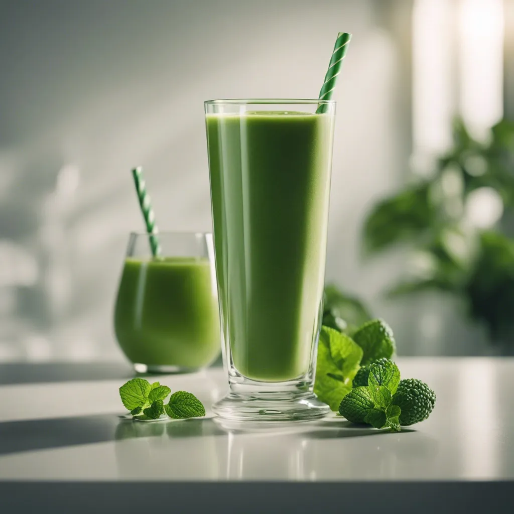 Tall glass of green protein smoothie with a striped straw, accompanied by a smaller glass, both garnished with mint leaves on a bright surface.