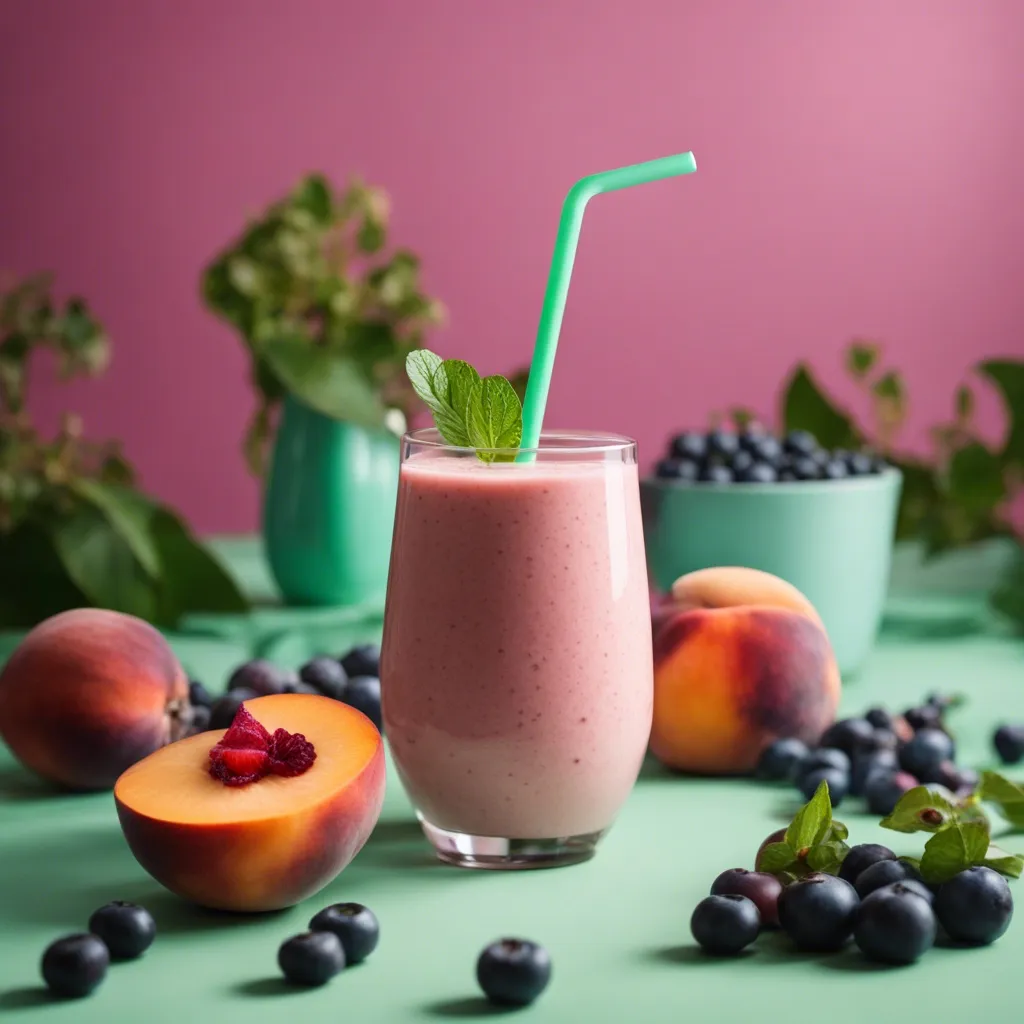 A health nut tropical smoothie with a mint leaf in a glass, surrounded by peaches and blueberries on a green surface, with a pink backdrop.