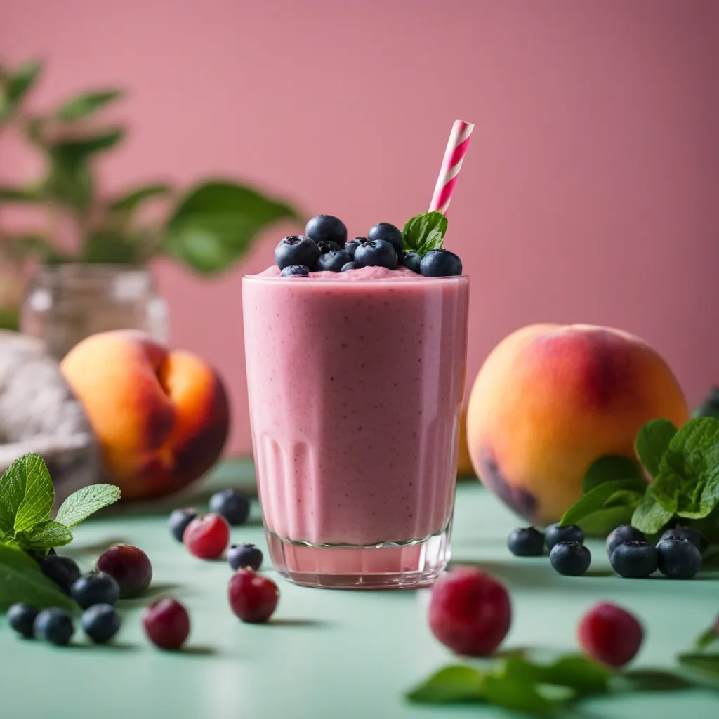 A health nut tropical smoothie with a mint leaf in a glass and blueberries as garnish, with a pink backdrop.