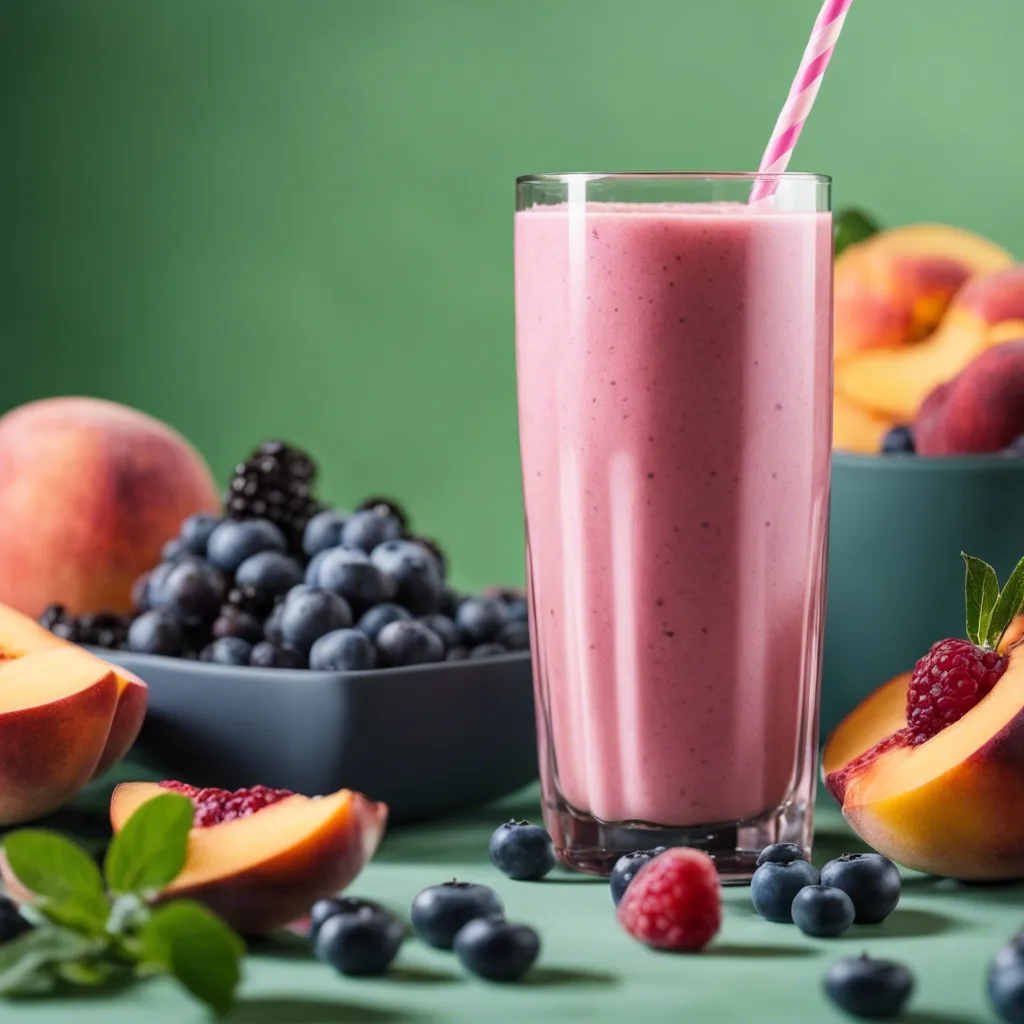 A health nut tropical smoothie with a mint leaf in a glass and blueberries as garnish, and a fruit bowl on a pink backdrop.