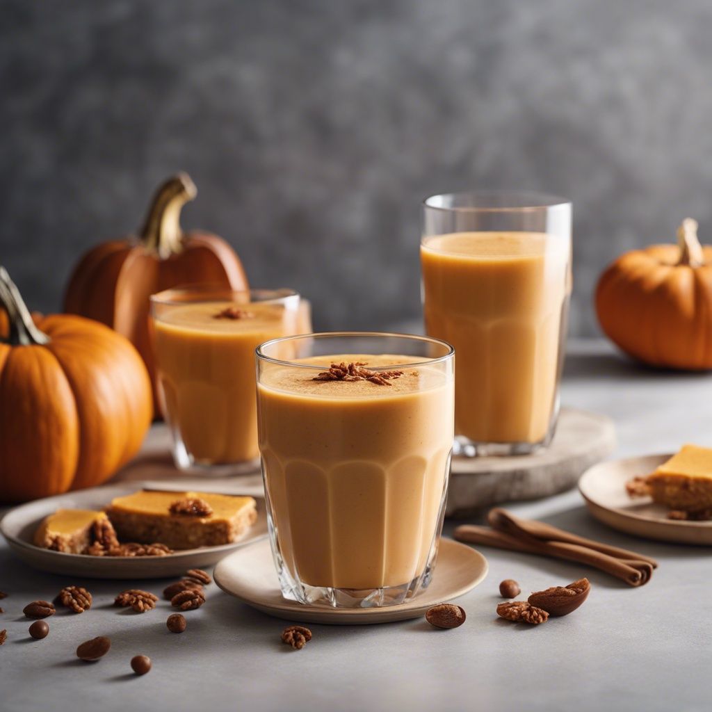 A creamy healthy pumpkin pie smoothie in a clear glass, sprinkled with spices, with whole pumpkins and slices of pie in the background, evoking a cozy autumn atmosphere.