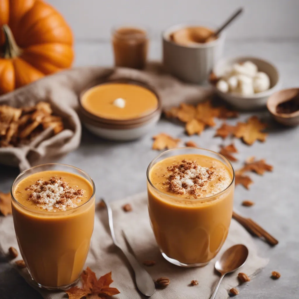 Two glasses of healthy pumpkin pie smoothie topped with whipped cream and a sprinkle of cinnamon, accompanied by autumn leaves and a rustic backdrop with pumpkins and pie ingredients.