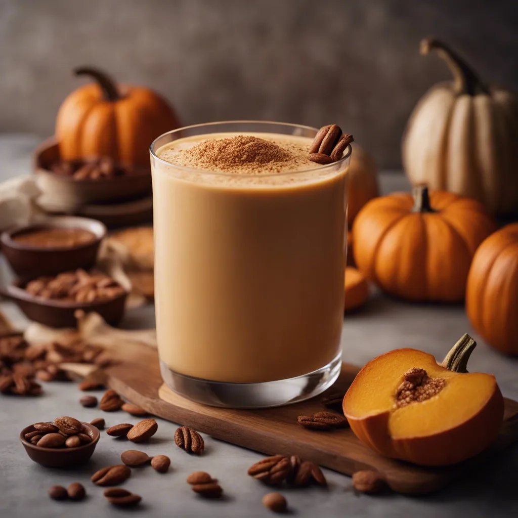 A healthy pumpkin pie smoothie in a clear glass, dusted with nutmeg on top, alongside raw pecans and pumpkins on a wooden board, set against a muted grey backdrop.