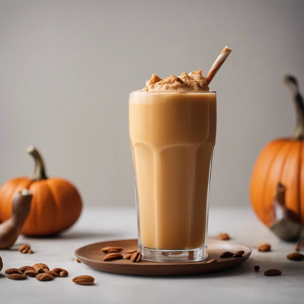 A tall glass of healthy pumpkin pie smoothie, topped with a generous amount of cinnamon, with a bi-color straw, and surrounded by scattered pecans and pumpkins on a ceramic plate.