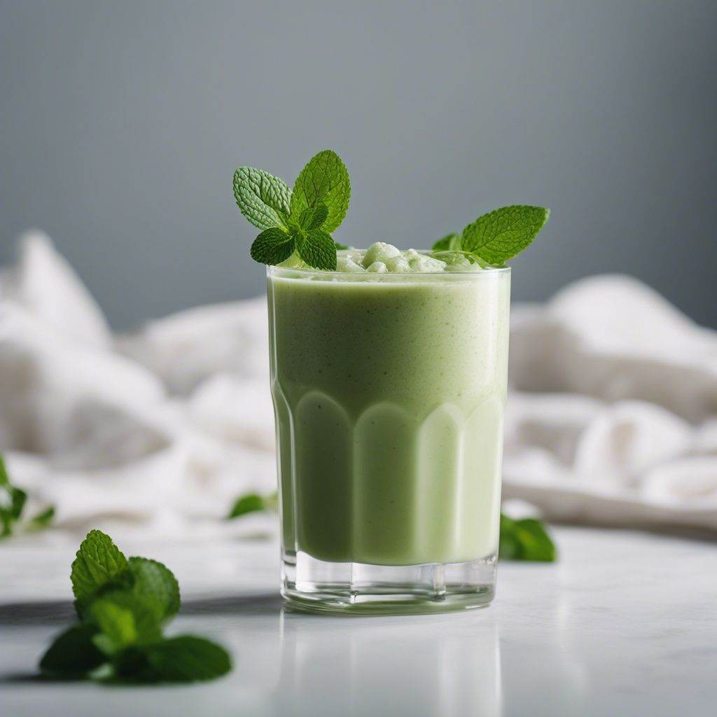 A refreshing honeydew smoothie topped with whipped cream and fresh mint leaves in a clear glass on a white surface with mint leaves around