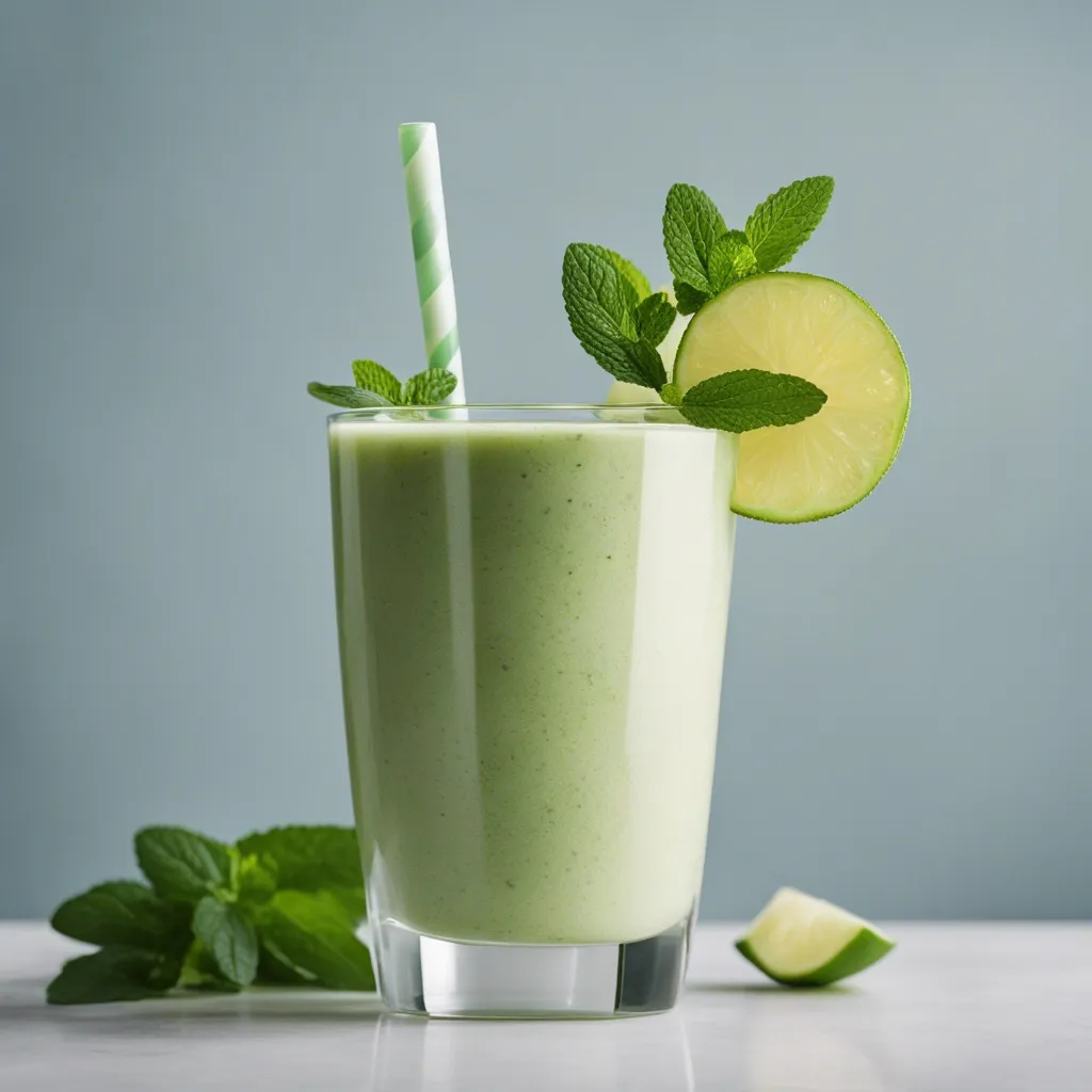 A frothy honeydew smoothie with a lime slice and mint garnish, with a green striped straw, surrounded by mint leaves on a light background