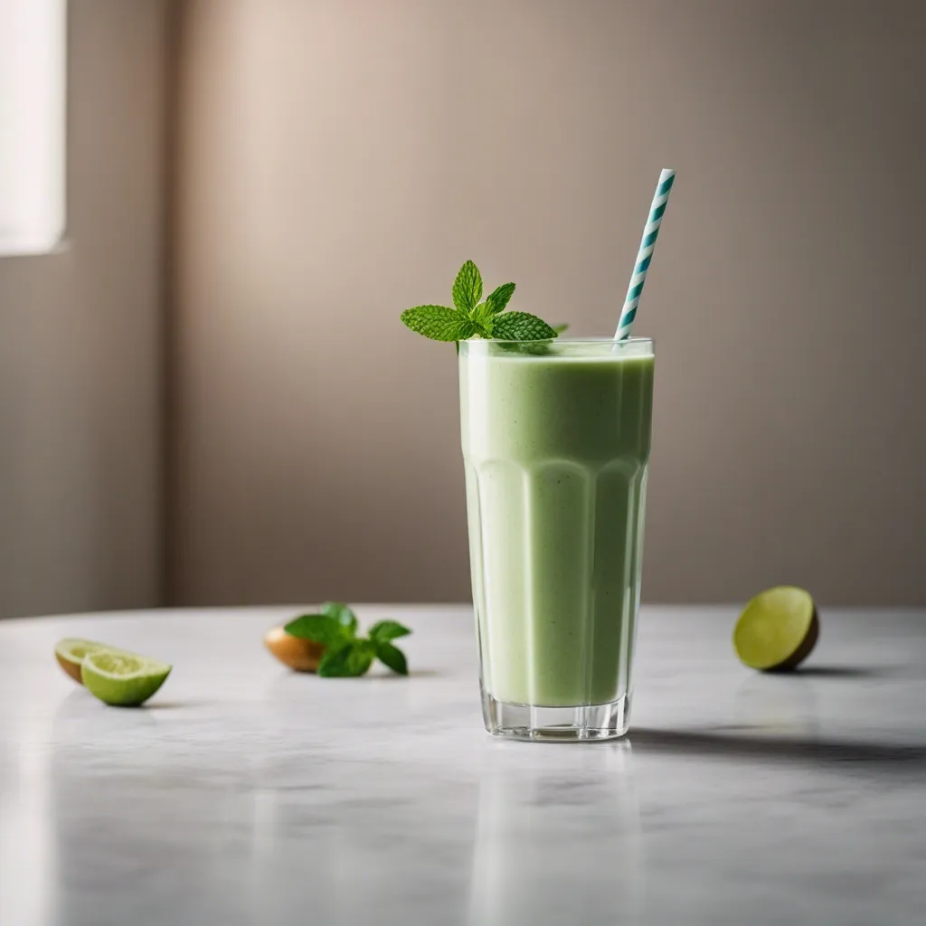 A creamy honeydew smoothie in a tall glass with a white straw, accented by a mint sprig, with slices of lime and mint in the foreground