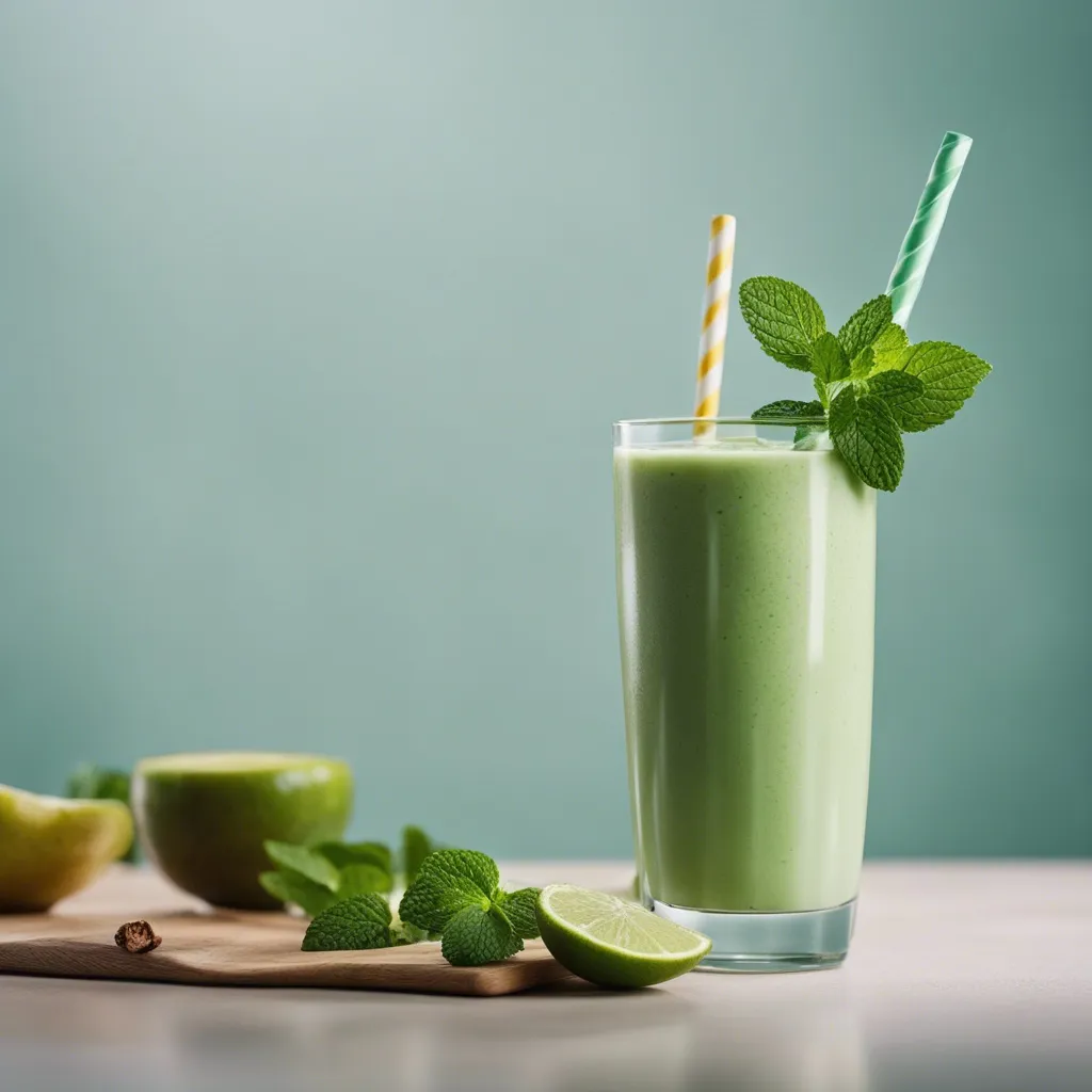 A smooth honeydew smoothie in a glass with two straws, garnished with a sprig of mint, with honeydew melon and lime slices on a wooden board