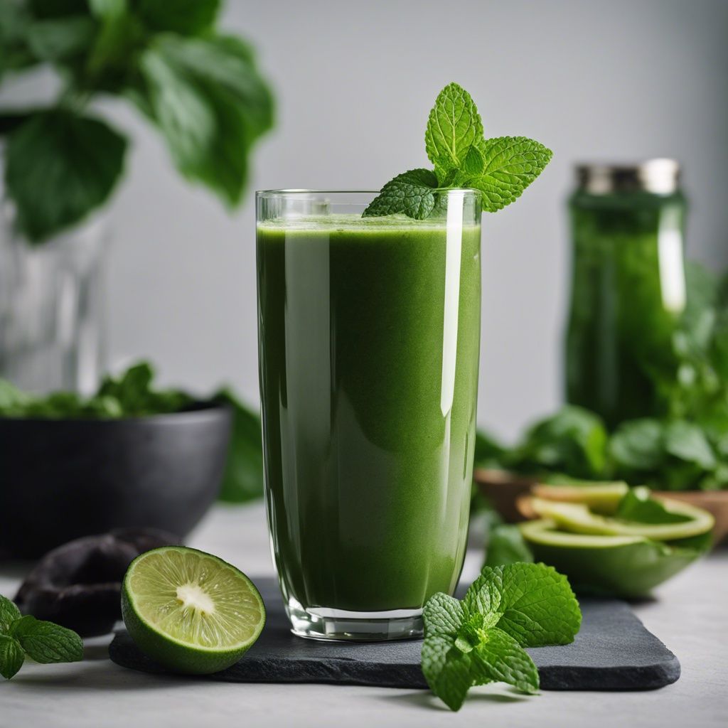 A vibrant green smoothie in a glass, with spinach and seeds on the side