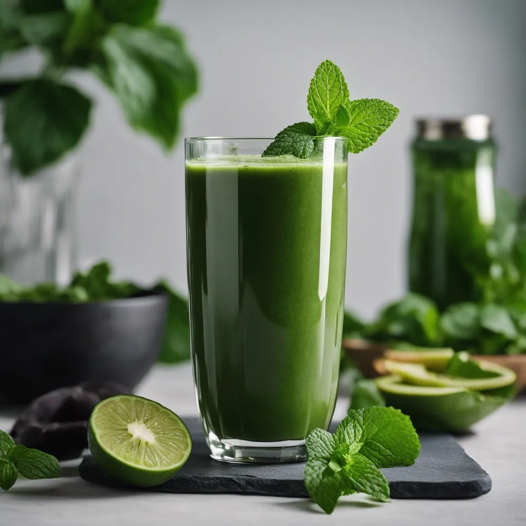 A glass of iron rich smoothie with mint as garnish