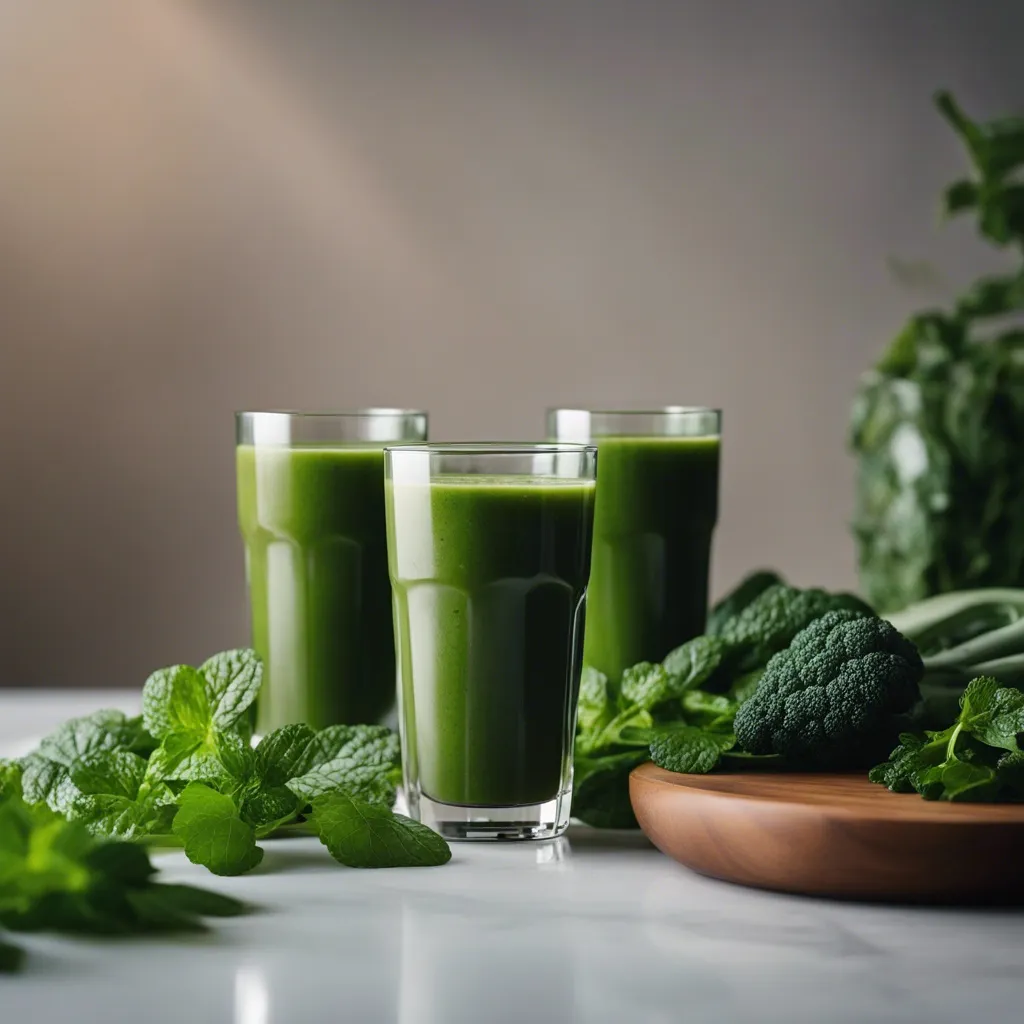 A small glass of iron rich smoothie with mint as garnish, and a jug of iron rich smoothie in the background