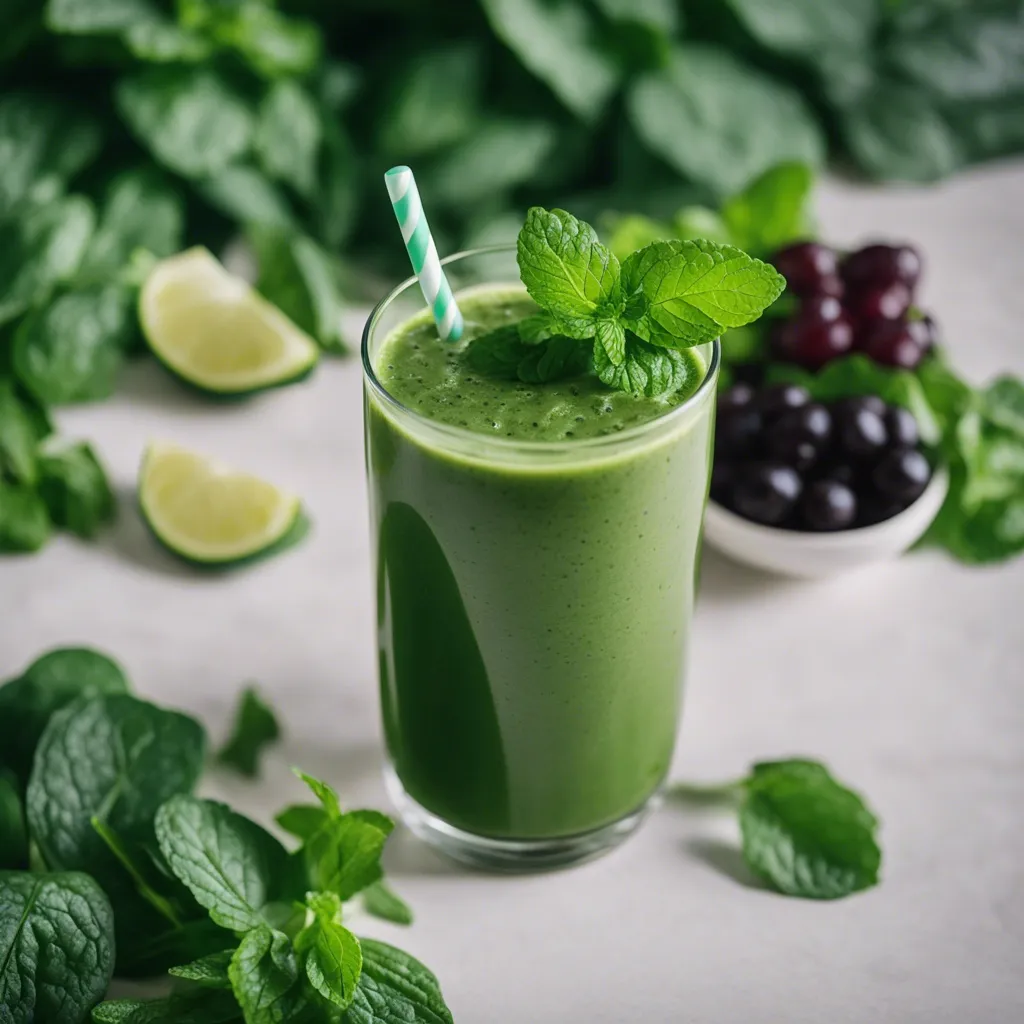 Overhead angled shot of iron rich smoothie in a glass garnished with mint