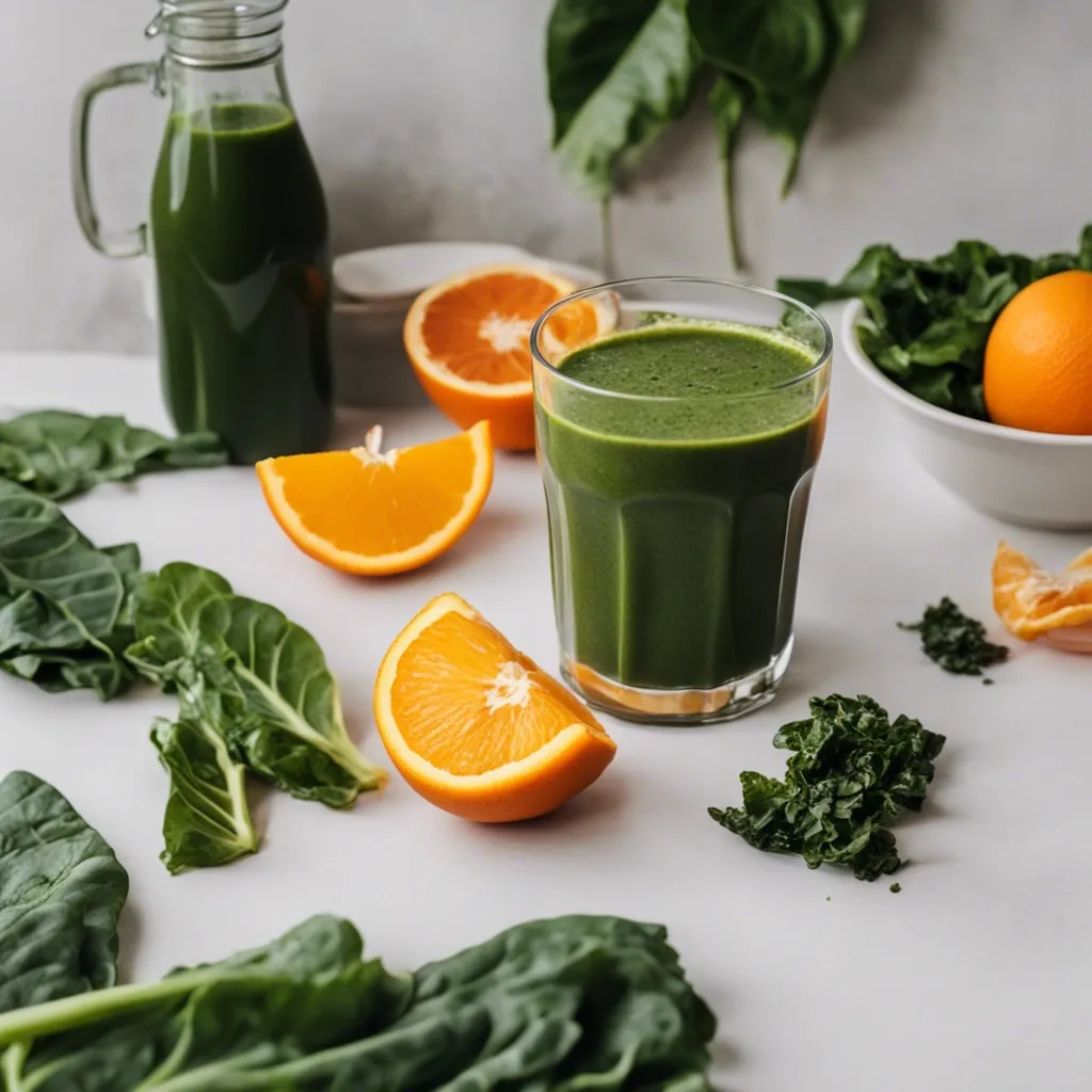 A small glass of iron rich smoothie with greens and slices of orange scattered around